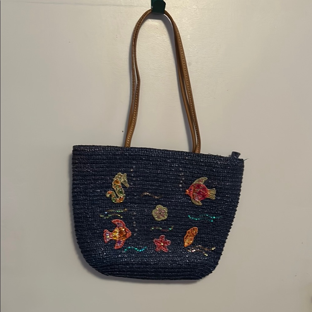 Navy Blue Woven Tote Bag with Colorful Sea Motifs